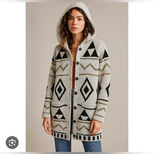 Northern Angel Hooded Sherpa Lined Jacket Aztec Tribal Knit Longline Coat L/XL